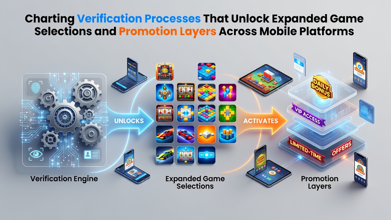 Mobile verification dashboard showing layered security checks and game access tiers on a smartphone interface