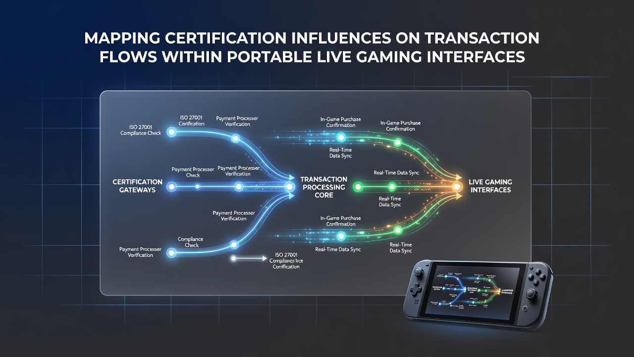Diagram showing certification checkpoints influencing transaction routes in mobile live gaming interfaces