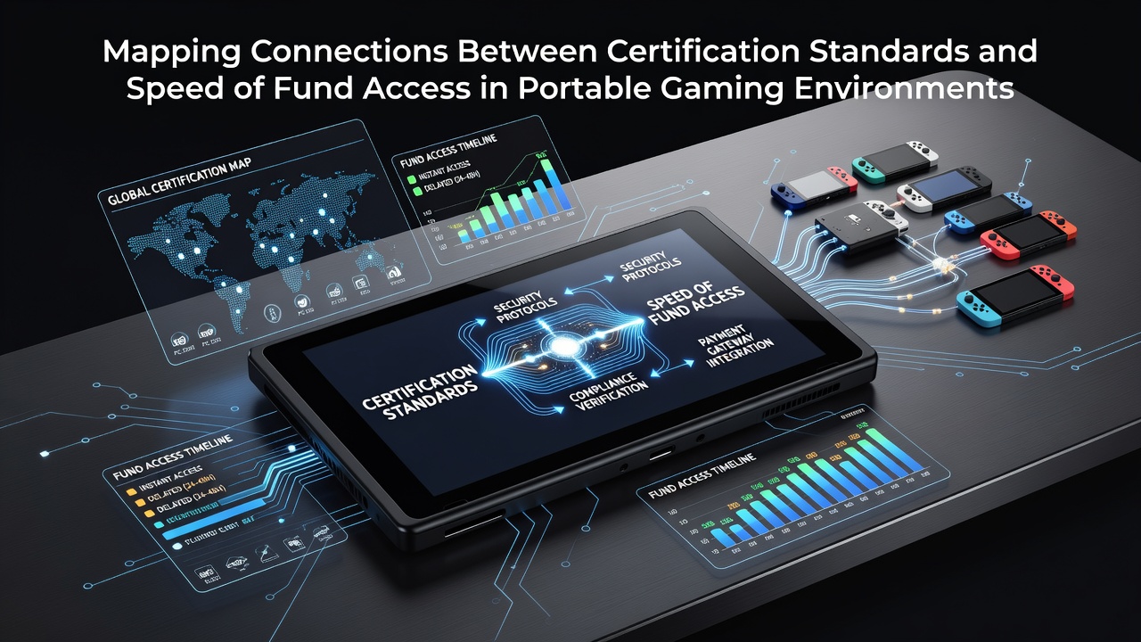 Illustration showing certification badges connected to fast mobile transaction flows in gaming apps