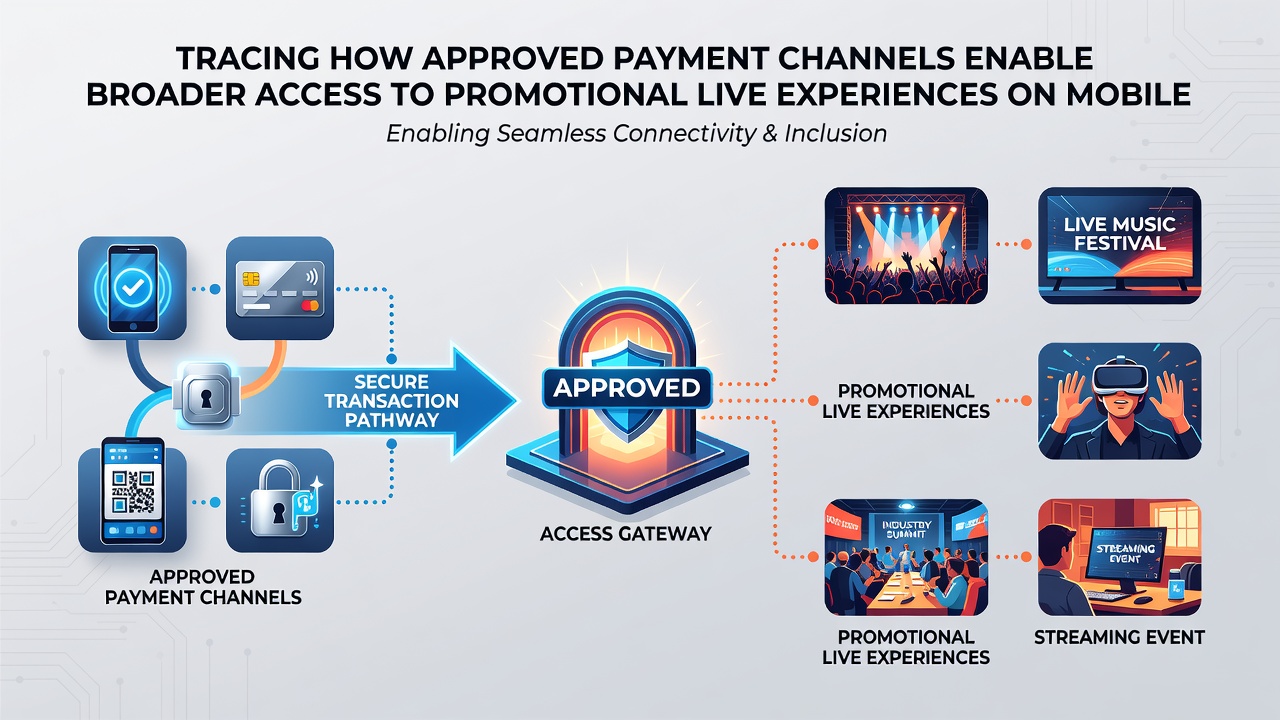Infographic showing payment channel flow from mobile wallet to live event access