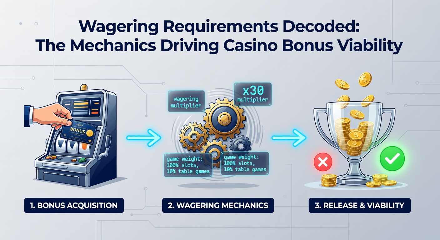 Illustration of a casino bonus offer with wagering requirement calculations overlaid, showing multipliers and game contributions