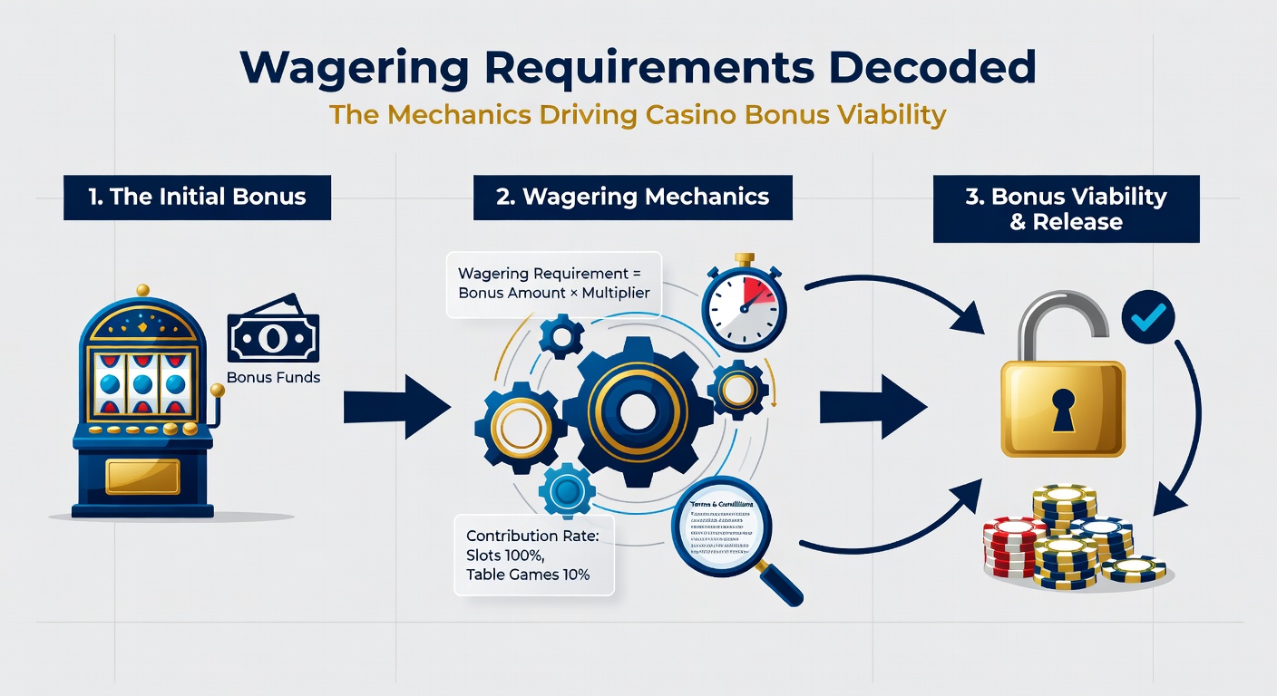 Close-up chart breaking down wagering requirement examples across slots, table games, and live dealer options with percentage contributions